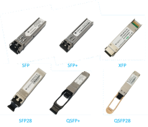 A variety of optical transceivers including SFP, QSFP, and OSFP modules arranged on a data center background with fiber optic cables.