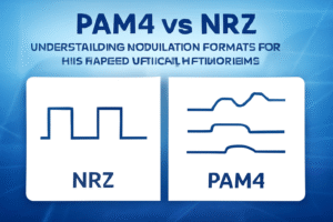 Side-by-side visual comparison of PAM4 and NRZ optical modulation formats, showing signal diagrams and applications in high-speed Ethernet.