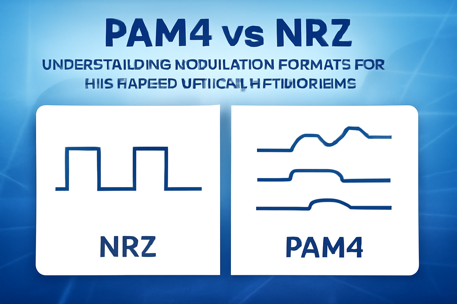 Side-by-side visual comparison of PAM4 and NRZ optical modulation formats, showing signal diagrams and applications in high-speed Ethernet.